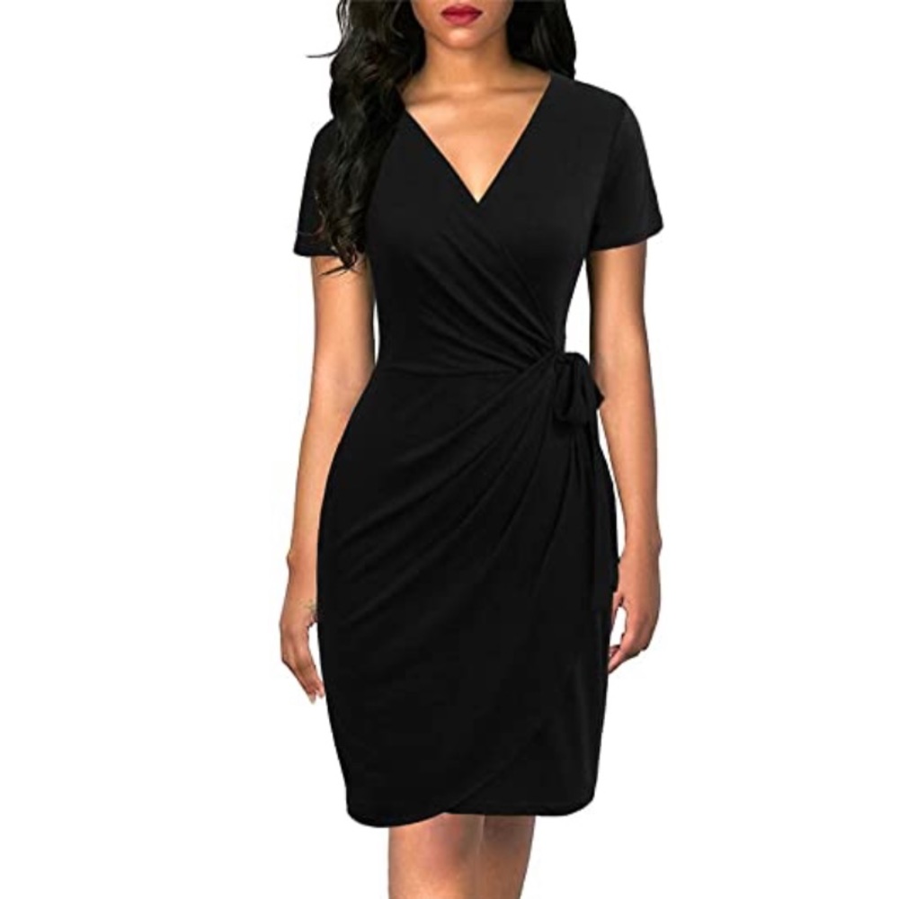 Knee Length Short Sleeve Faux Black Wrap Dress
